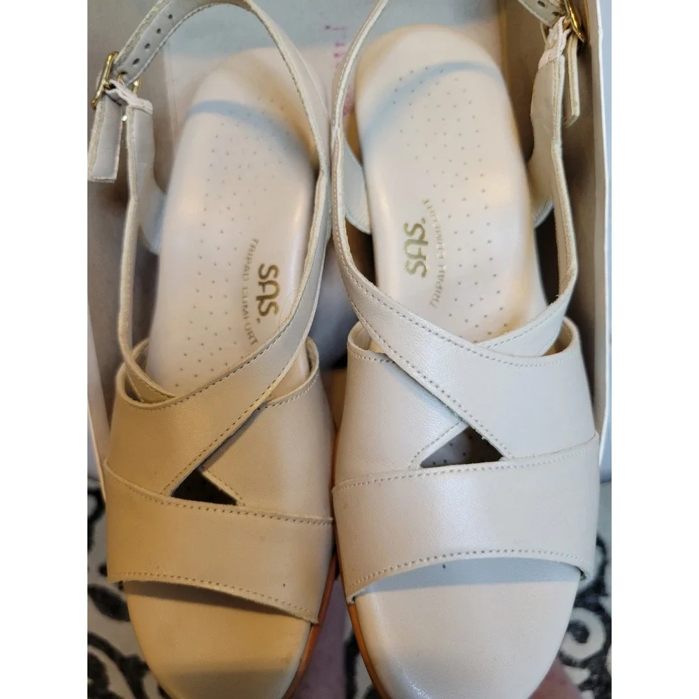 SAS Tripad Comfort Womens 8 S Bone White Leather Wedge Ankle Strap Sandals